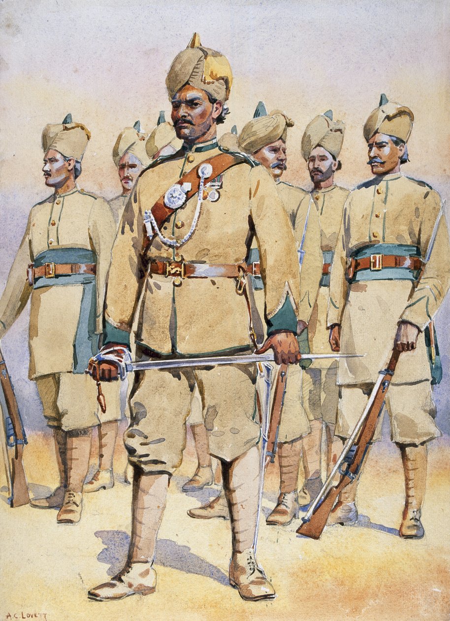 A 33. Punjabis, Subadar, Punjabi Musalmans katonái, G.F. MacMunn őrnagy "Armies of India" című, 1911-ben megjelent könyvének illusztrációja, 1908. alkotó: Alfred Crowdy Lovett