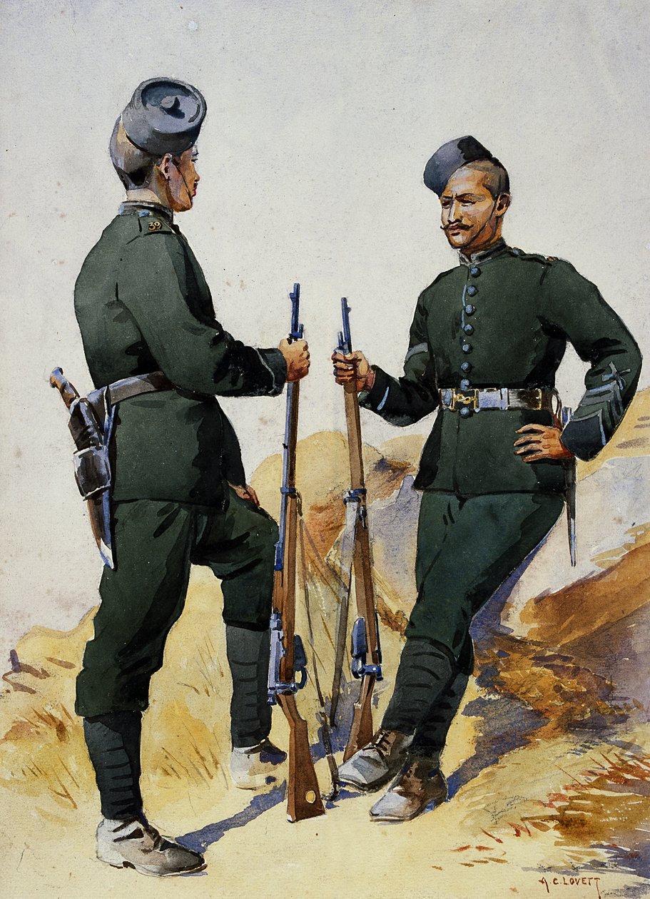 A 39. Garwhal-puskák katonái, Garwhalis, illusztrációja G. F. őrnagy „Armies of India”-hoz. MacMunn, 1911-ben, 1908-ban jelent meg alkotó: Alfred Crowdy Lovett