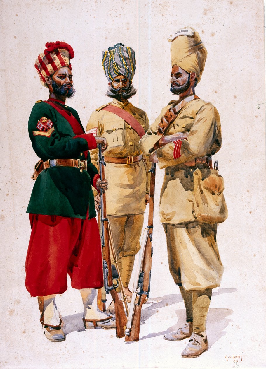 A 43. Erinpura Ezred, a 44. Merwara Infantry és a 108. Infantry katonái, G.F. őrnagy illusztrációja az „India hadseregeihez” MacMunn, 1911-ben, 1910-ben alkotó: Alfred Crowdy Lovett