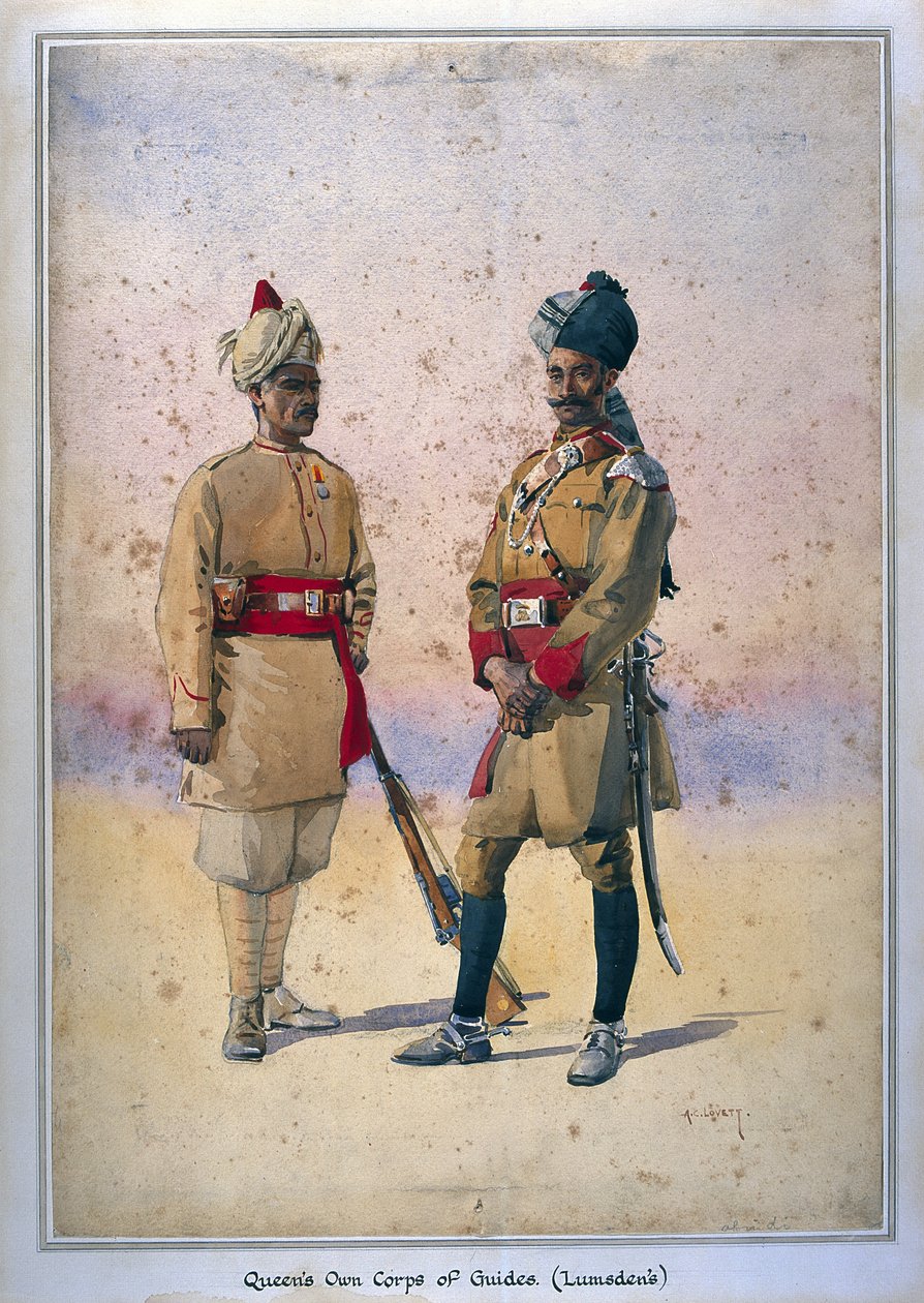 Katonai a királynő saját vezérhadtestének (Lumsden) gyalogsága, Tanoli (Pathan) illusztrációja az „India hadseregeihez”, G.F. őrnagy. MacMunn, 1911-ben, 1908-ban jelent meg alkotó: Alfred Crowdy Lovett