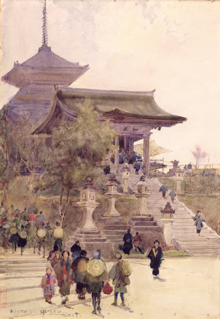 A kiotói Kiyomizu-Dera templom bejárata felfelé tartó zarándokokkal alkotó: Alfred East