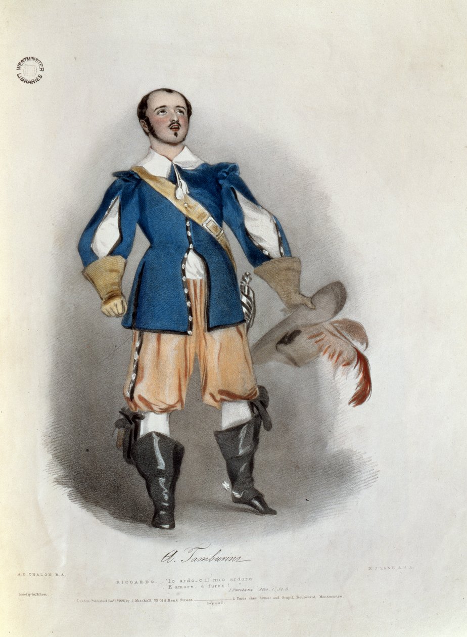 Antonio Tamburini (1800-76) mint Riccardo az "I Puritani"-ban, az "Emlékek az olasz operáról" című műből, Richard James Lane (1800-72) metszete, 1836. alkotó: Alfred Edward Chalon