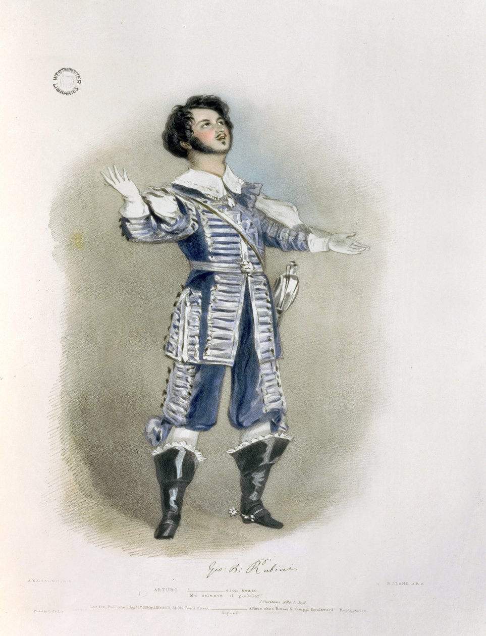 Giovanni Battista Rubini (1794-1854) Arturo szerepében az „I Puritani”-ban, az „Emlékezések az olasz operából”, Richard James Lane (1800-72) metszete, 1836 (bizonyítékként lásd: 123980) alkotó: Alfred Edward Chalon