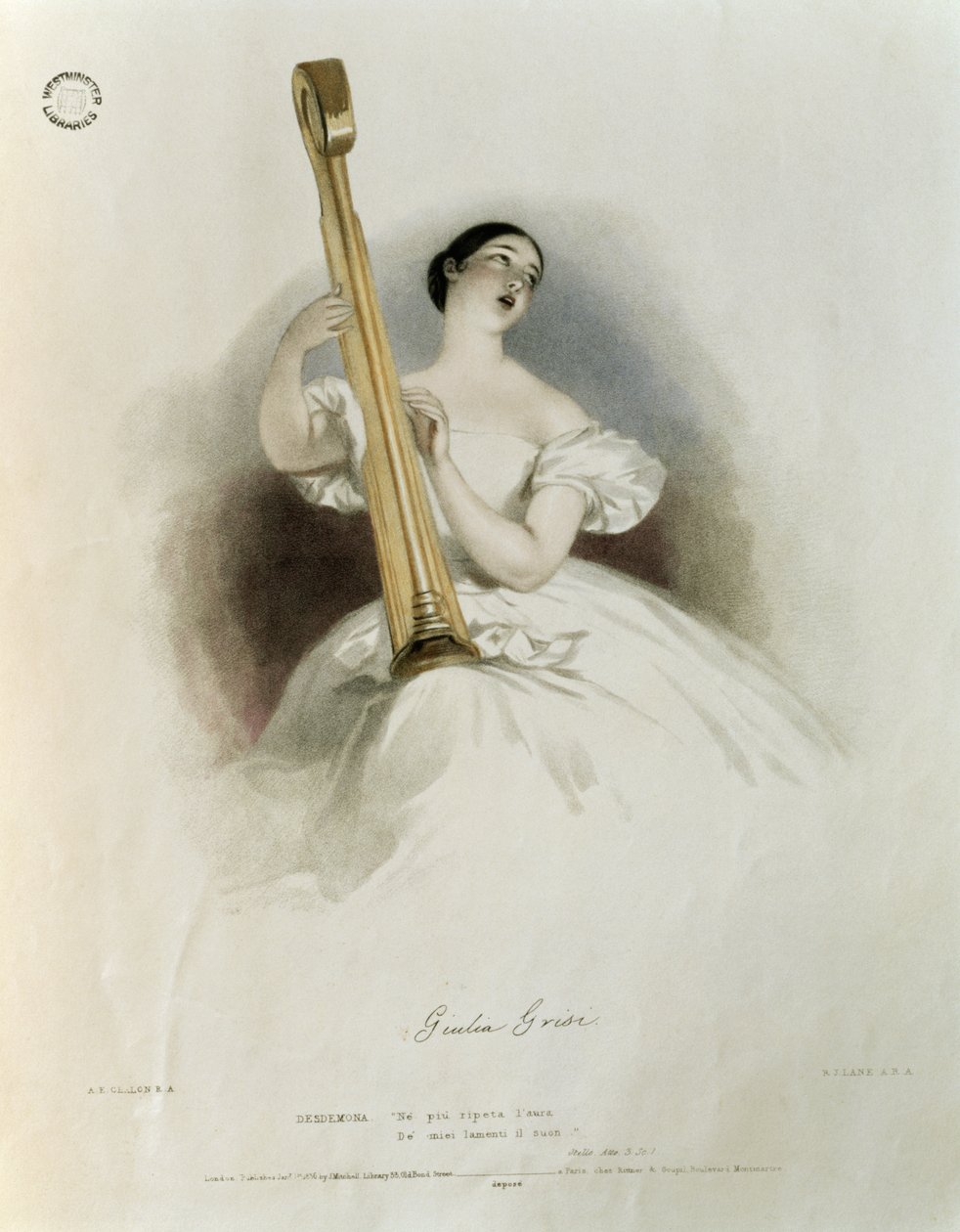 Giulia Grisi (1811-69) mint Desdemona az "Otellóban", az "Emlékek az olasz operáról" című műből, Richard James Lane (1800-72) metszete 1836. alkotó: Alfred Edward Chalon