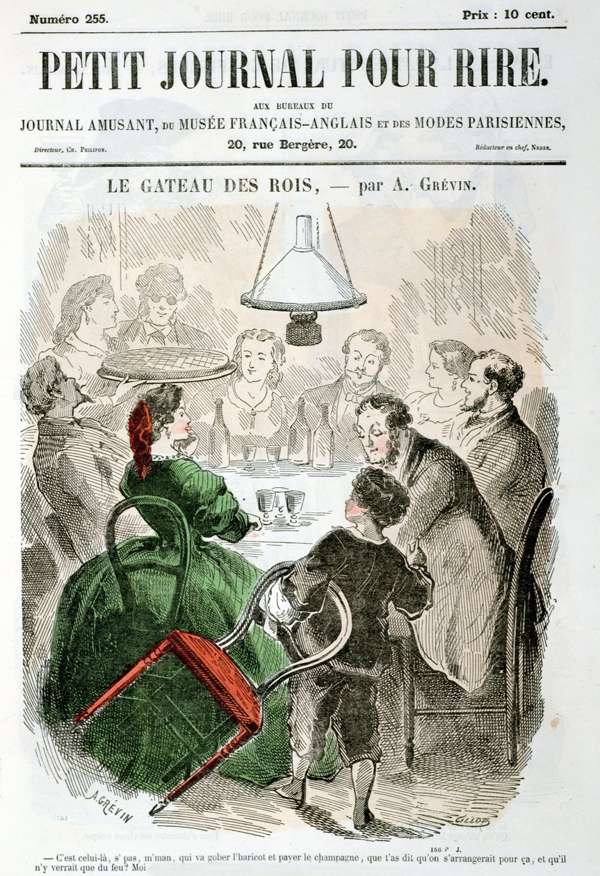 "Le Gateau de Rois", a tizenkettedik éjszakát ünneplő család, a "Le Petit Journal Pour Rire"-ből, 1865 körül. alkotó: Alfred Grevin