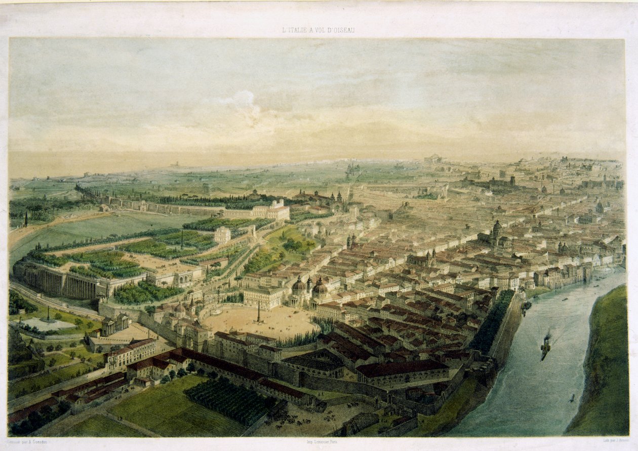 Róma látképe a Porta del Popolo fölött, litográfia, J. Arnout alkotó: Alfred Guesdon