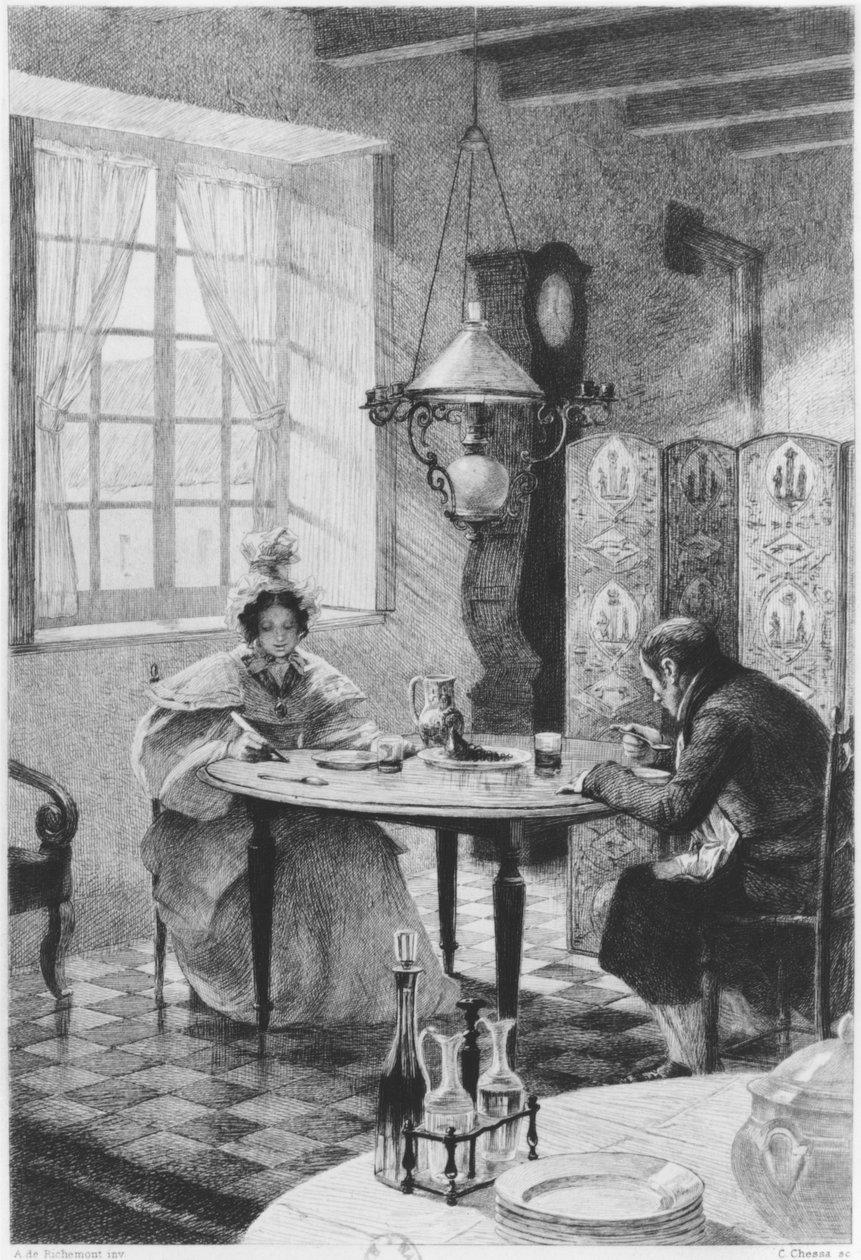 Emma és Charles Bovary, Gustave Flaubert (1821-80) „Madame Bovary” című művéből készült illusztráció, Carlo Chessa (1855-1925) metszete, 1905 alkotó: Alfred Paul Marie Richemont