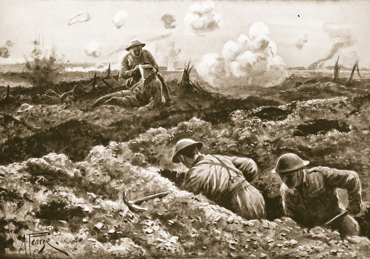 J. Erskine megbízott őrmester bekötözte sebesült tisztjét, miközben többször rálőttek alkotó: Alfred Pearse