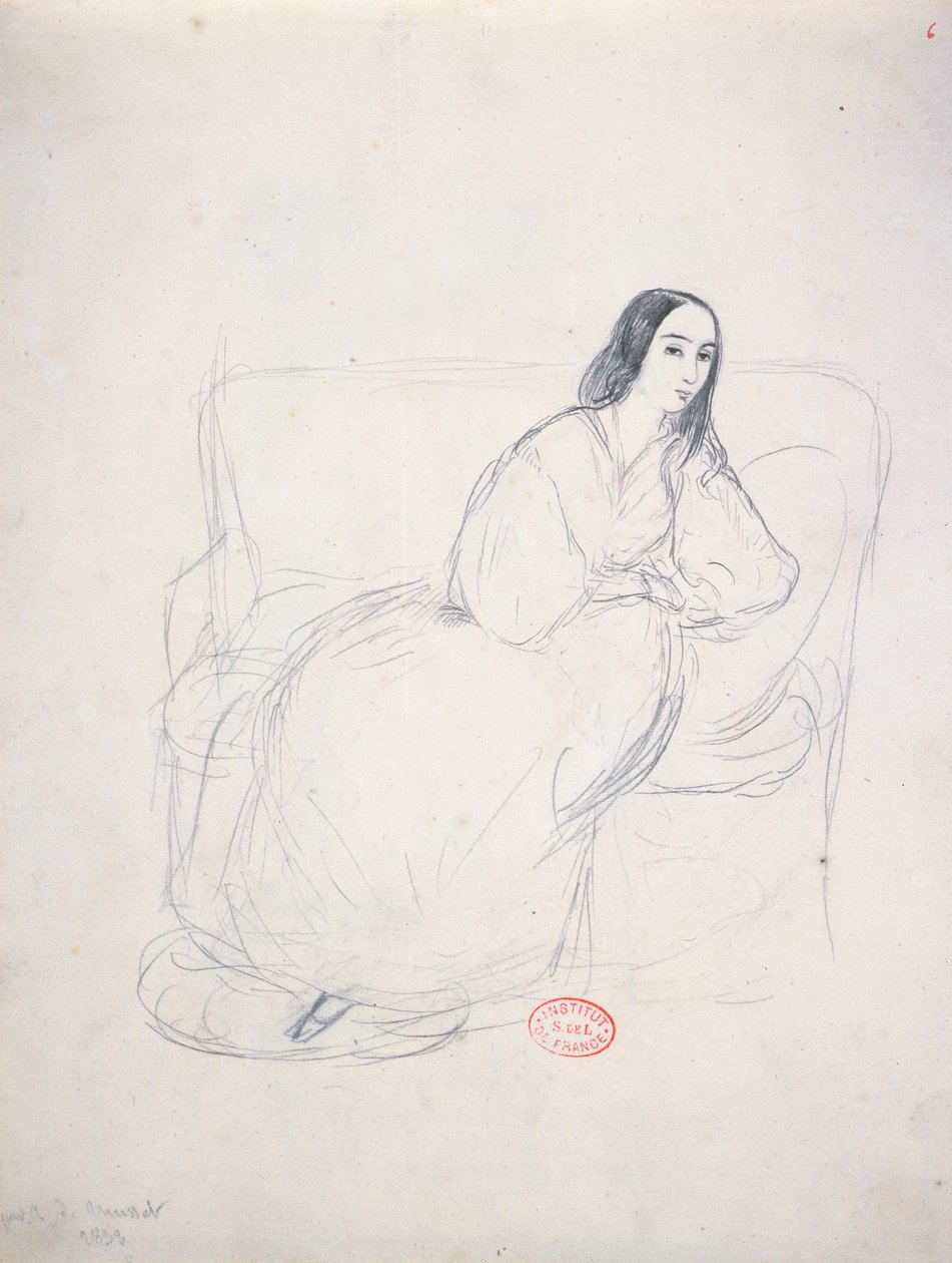 George Sand (1804-1876) kanapén ülve, 1833 alkotó: Alfred de Musset