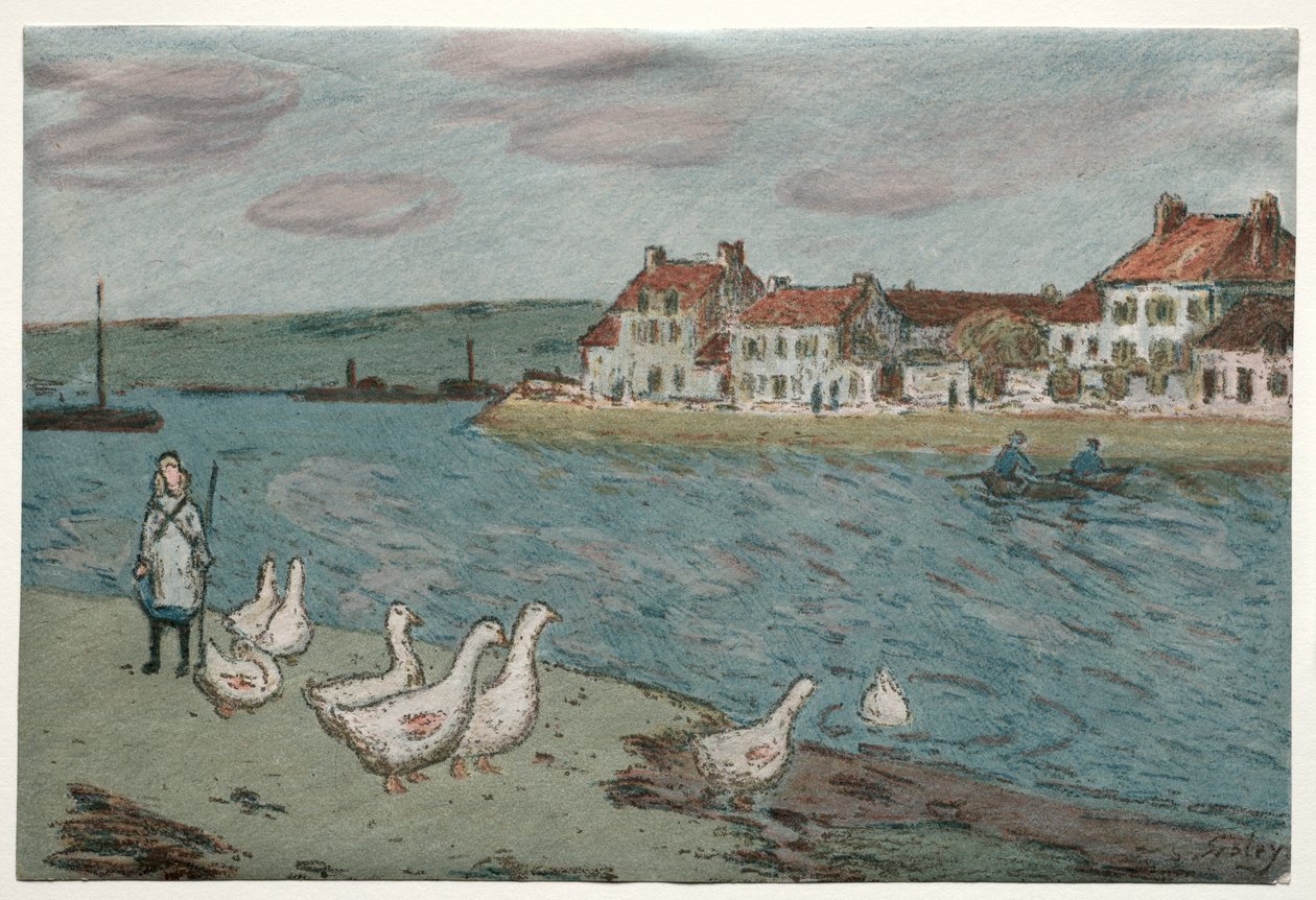 A folyópart vagy libák alkotó: Alfred Sisley