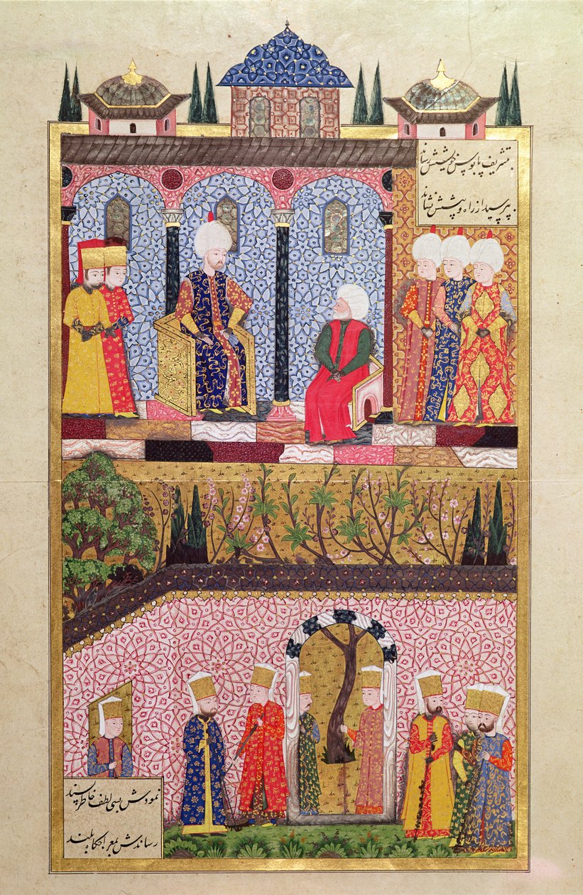 Ajándékok átadása I. Szulejmánnak (1495-1566) fiai, Bayezid és Cihangir körülmetélése alkalmából 1530-ban, a „Szulejmannévből” (Mss Hazine. 1517 f.412a), 1558 (ink und gold le). alkotó: Ali Amir Beg