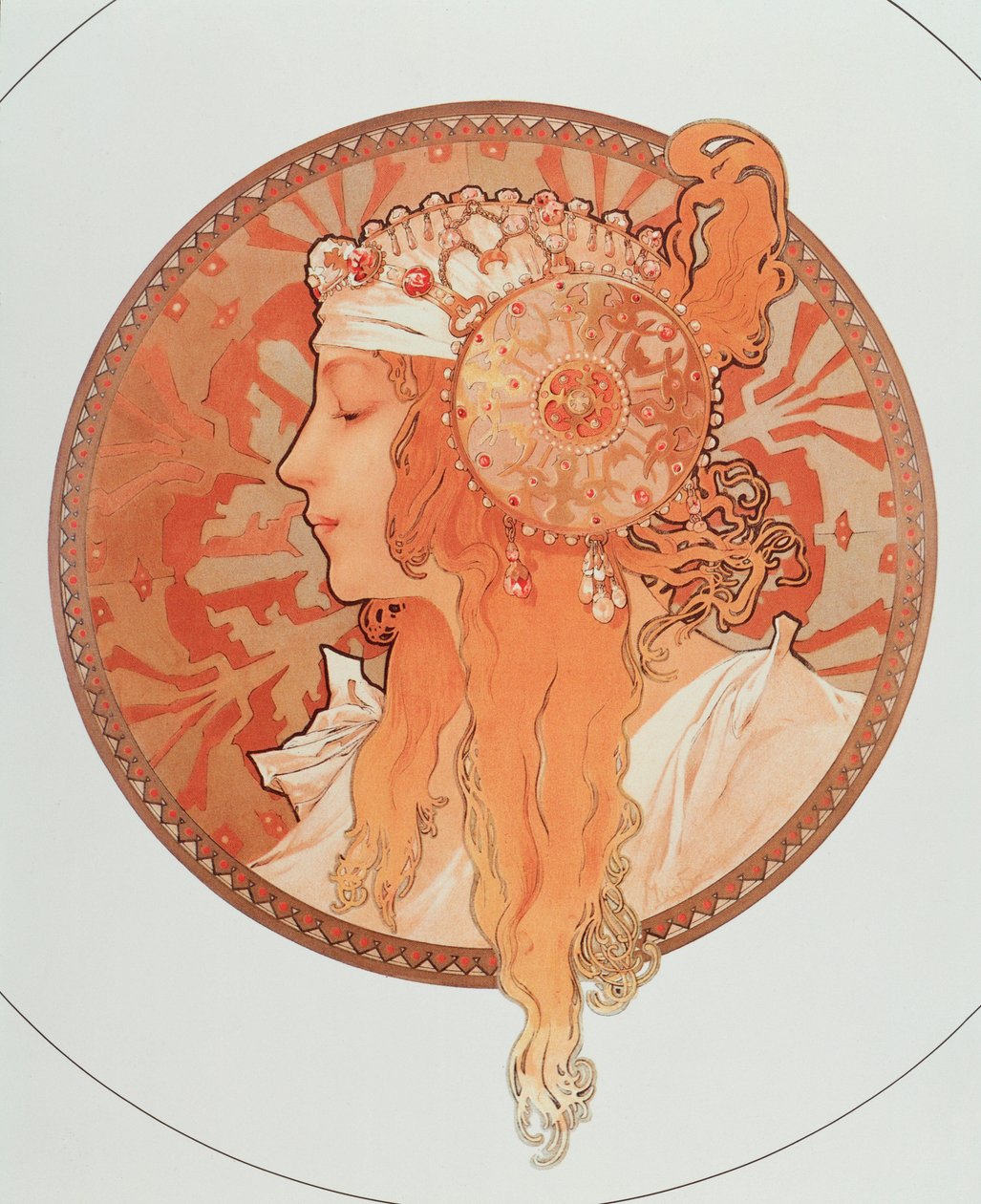 Szőke litográfia sorozat „” Bizánci fejek”, Alphonse Mucha (1860-1939), 1897 – „” Szőke” Alphonse Mucha „” Bizánci fejek”” című litográfiájából, 1897 Átmérő 50 cm Magángyűjtemény alkotó: Alphonse Mucha