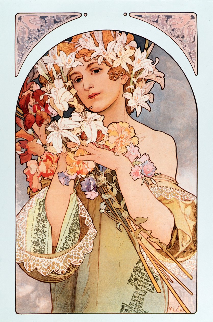 Alphonse Mucha (1860-1939) plakátja „A virág” címmel, litográfiák sorozata virágokról, 1897 - Alphonse Mucha plakátja: „A virág” virágokból sorozat, 1897 Dim 44x66 cm Magángyűjtemény alkotó: Alphonse Mucha