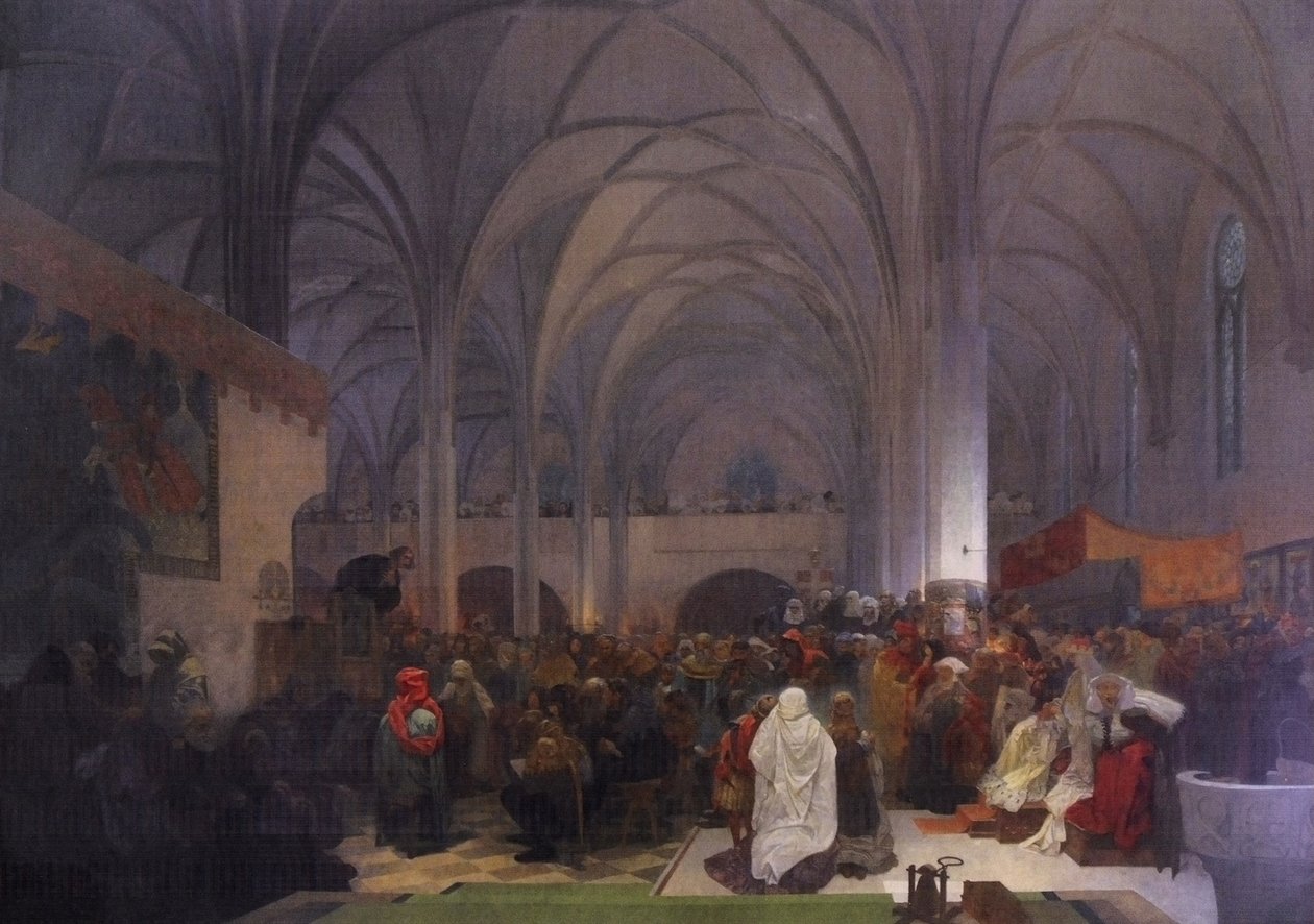 Kazani Mistra Jana Husa v kapli Betlemske: Pravda vitezin Angol: Jan Hus mester Prédikál a Betlehemi kápolnában: Truth Prevailsn alkotó: Alphonse Mucha