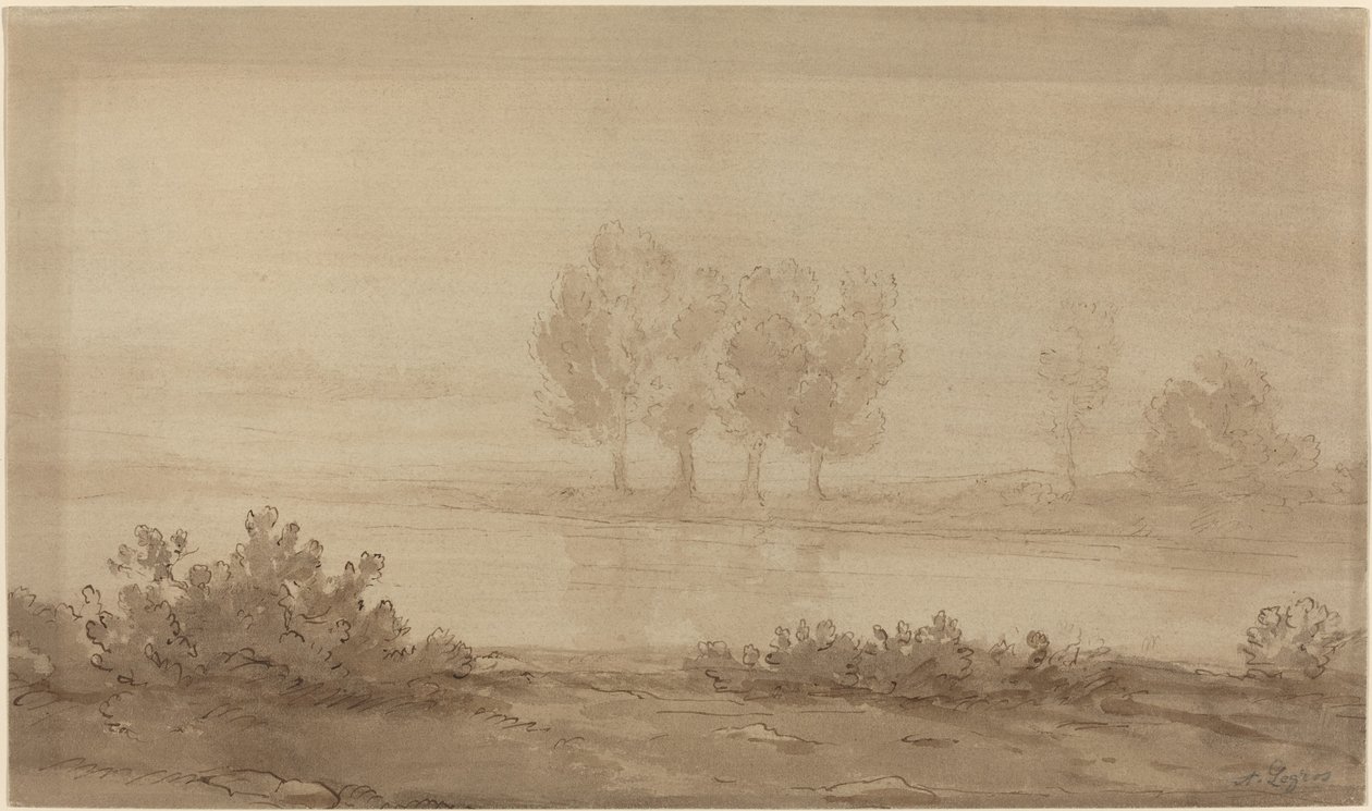 Táj - Négy fa egy folyón túl. alkotó: Alphonse Legros