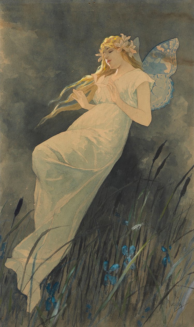 Elf írisz virágokkal, kb. 1886-1890. alkotó: Alphonse Mucha