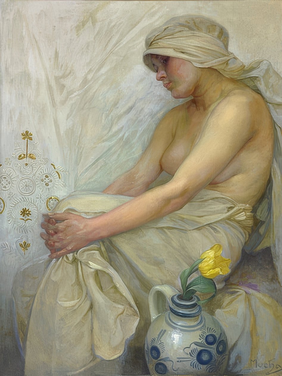 Ülő lány. 1914 körül alkotó: Alphonse Mucha