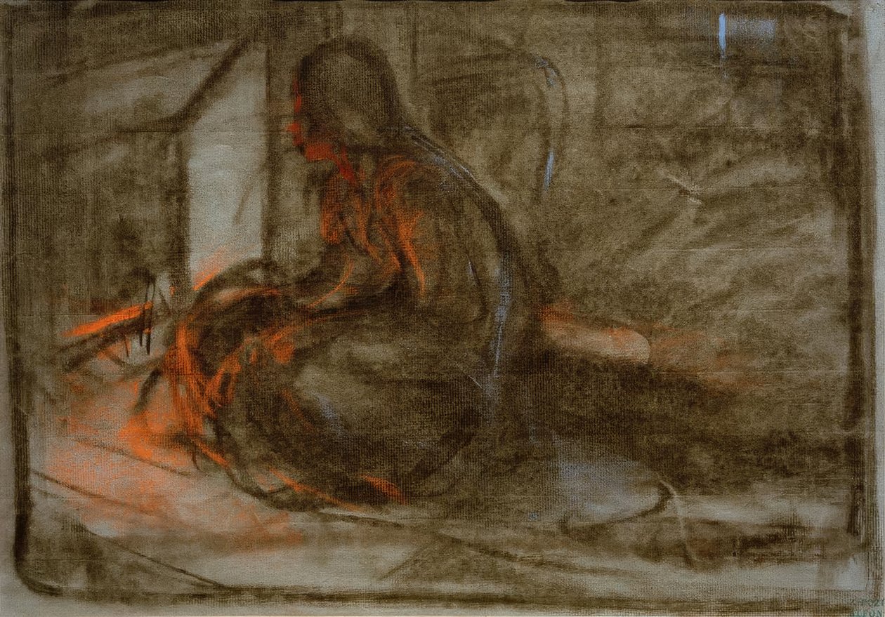 Nő ül a tűz előtt alkotó: Alphonse Mucha