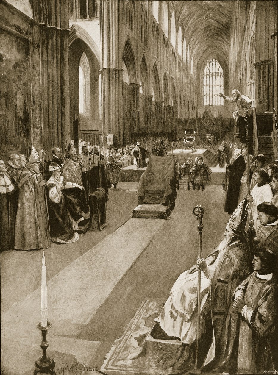 Chichester püspökének prédikációja I. Mária koronázásakor, 1553. október 1-jén, a „The Illustrated London News”-ból, 1902 alkotó: Amedee Forestier