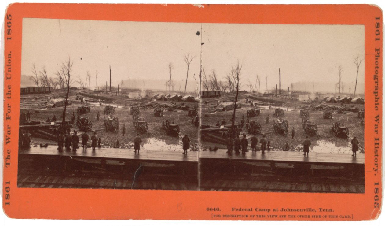 Sztereokártya képe Johnsonville-ről (TN) a kiürítés előtt, amikor Forrest fenyegette, 1864. december, Taylor und Huntington, Hatford, Conn, 1880 körül (szépia fotó) alkotó: American Photographer
