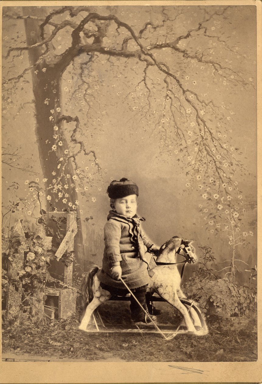 Fiatal fiú hintalovon ülő nagy festett hátterű, 1880-as évek (albumnyomat) alkotó: American Photographer