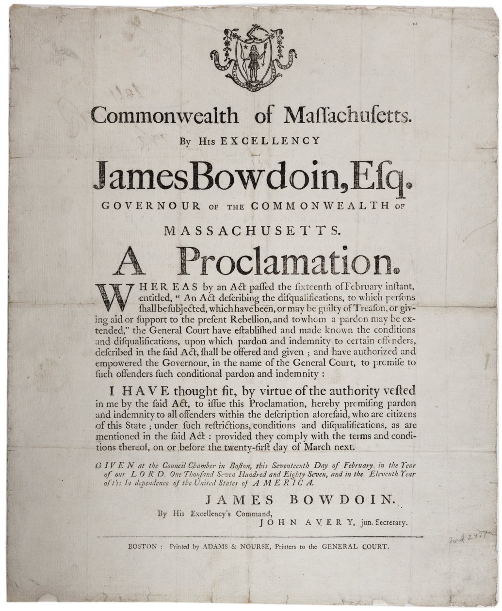 Kiáltvány: amnesztia-ajánlat a Shayss lázadóknak, 1787. február 17. alkotó: American School