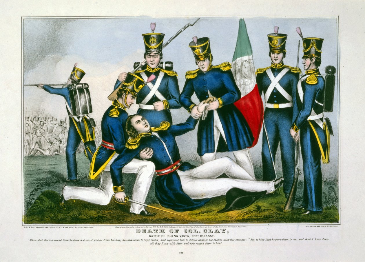 Clay ezredes halála, Buena Vista-i csata, febr. 23d, 1847, pub. 1847 (kézzel színezett metszet) alkotó: American School