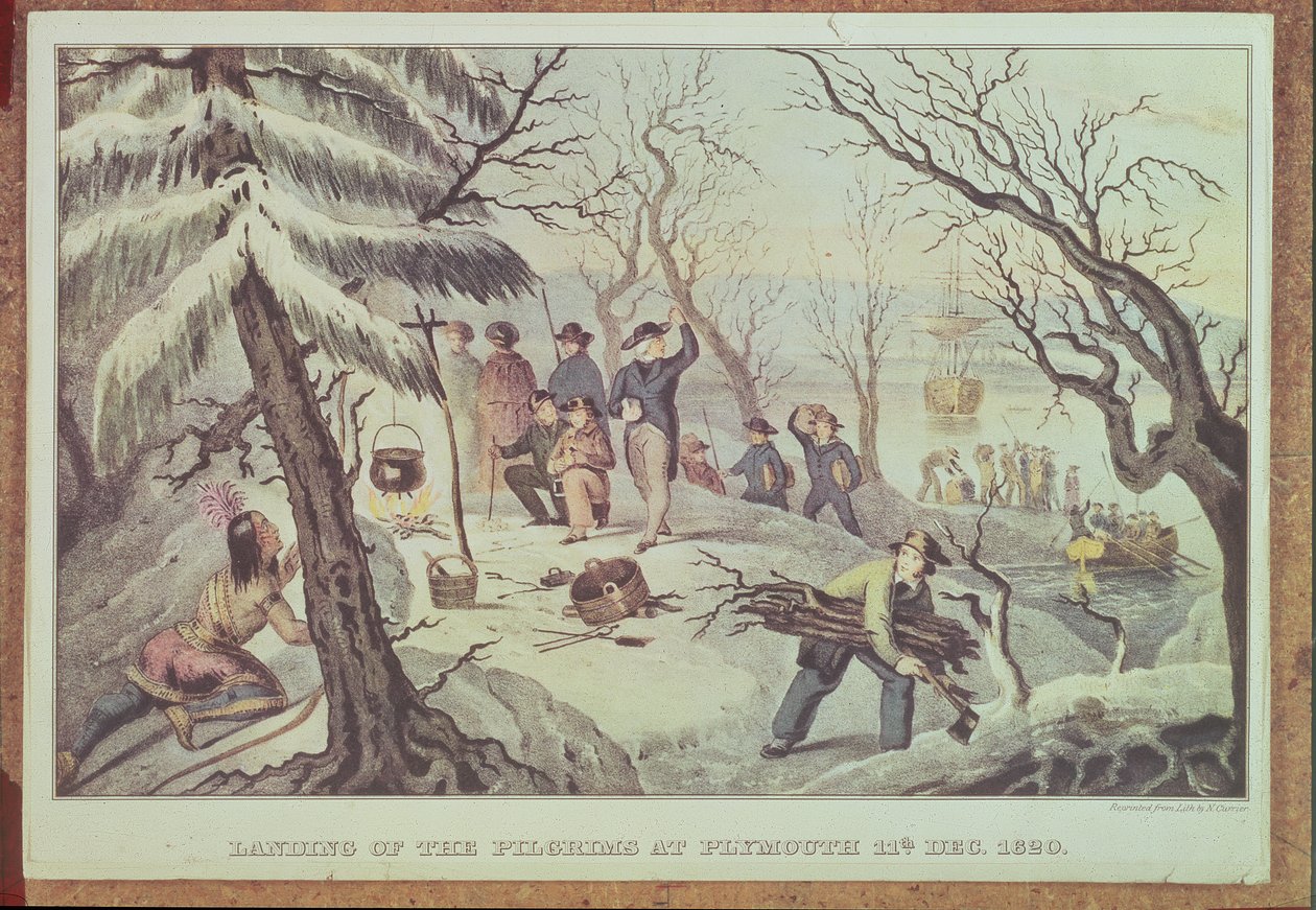 A zarándokok partraszállása Plymouthban, 1620. december 11., vésette Nathaniel Currier (1813-88) alkotó: American School