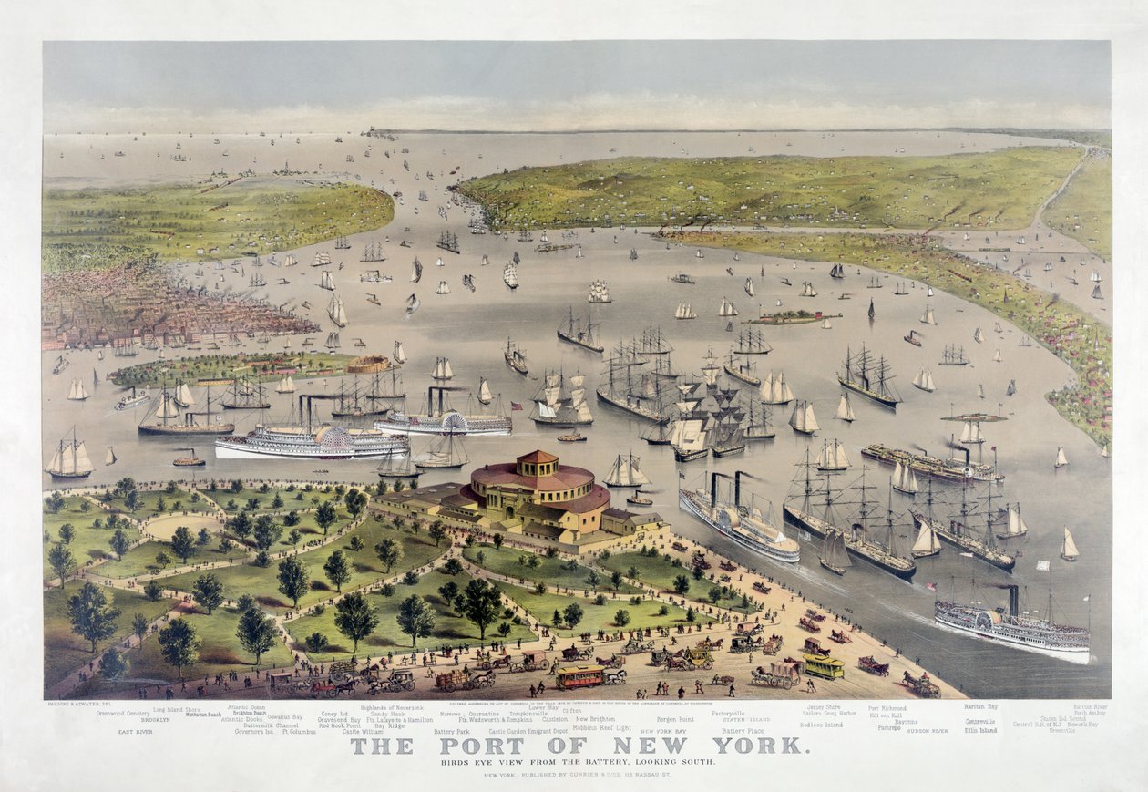 New York kikötője: madártávlat az akkumulátorból, délre néz, kocsma. 1878 (színes litográfia) alkotó: American School