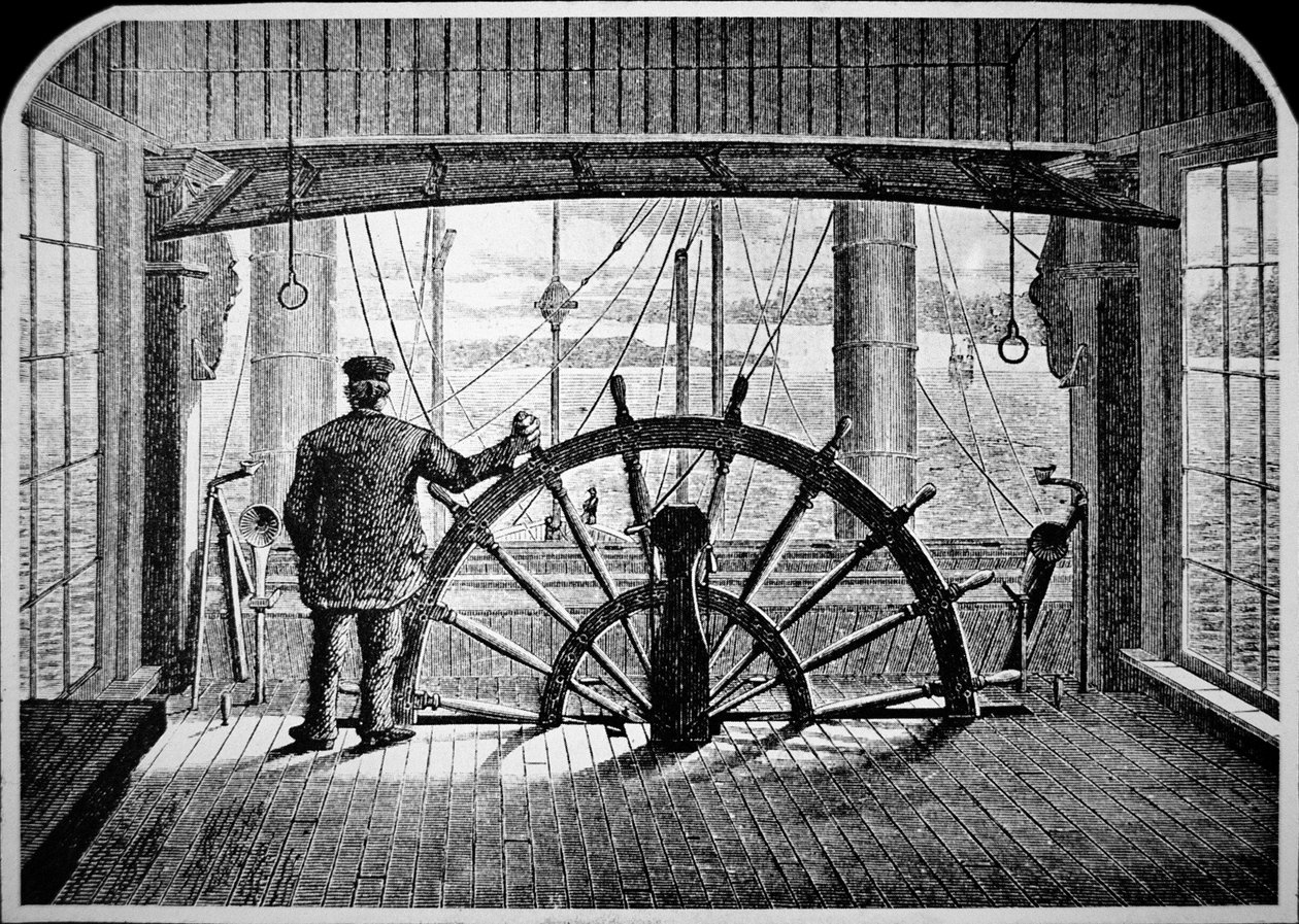 Gőzhajó pilóta a kormányállásban, 1870 körül (metszet) alkotó: American School