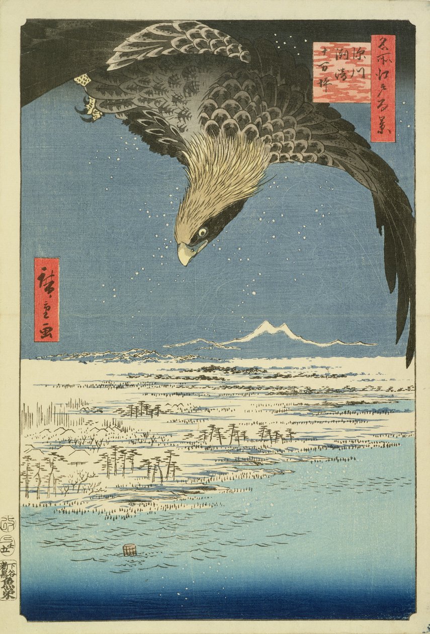 Eagle Over 100,000 Acre Plain at Susaki, Fukagawa ("Juman-tsubo"), a "100 Views of Edo" ("Meisho Edo hyakkei"), pub. Írta: Uoya Eikichi, 1857, (színes fatömbnyomat) (lásd: 65424) ) ) alkotó: Utagawa Hiroshige