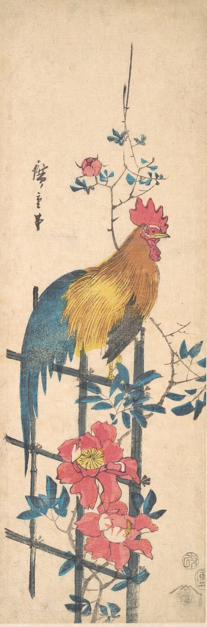 Bazsarózsa és kakas, 1854., 1854. alkotó: Ando Hiroshige