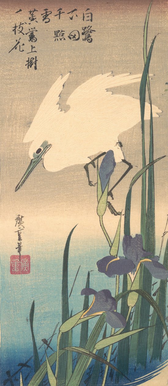 Fehér gém és írisz. alkotó: Ando Hiroshige
