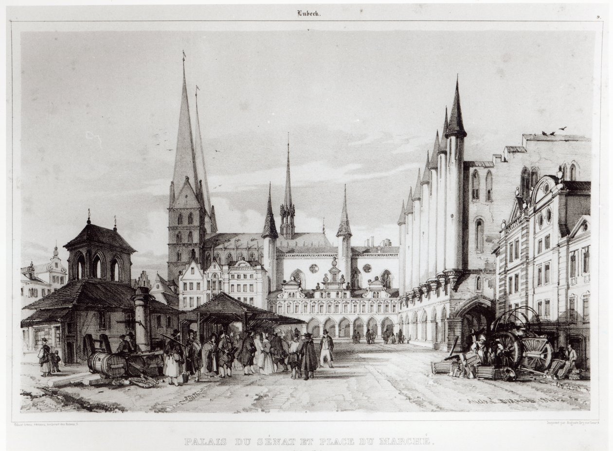 A lübecki szenátus és piactér, illusztráció a "Voyage pittoresque en Russie"-ból, 1839. alkotó: Andre Durand