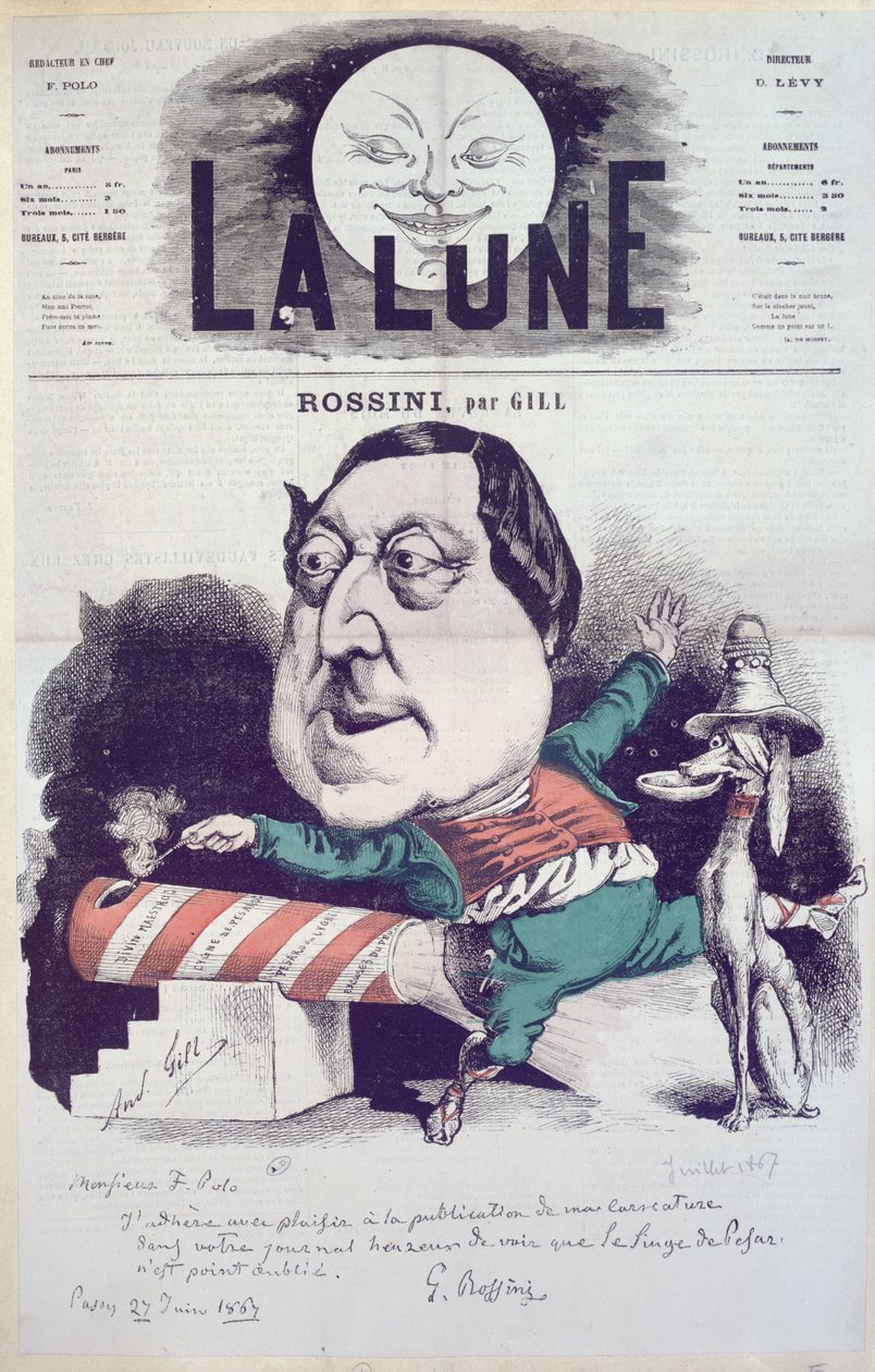 A „La Lune” magazin első borítója Rossini karikatúrájával, a zeneszerző üzenetével és autogramjával, 1867. június 27. alkotó: Andre Gill