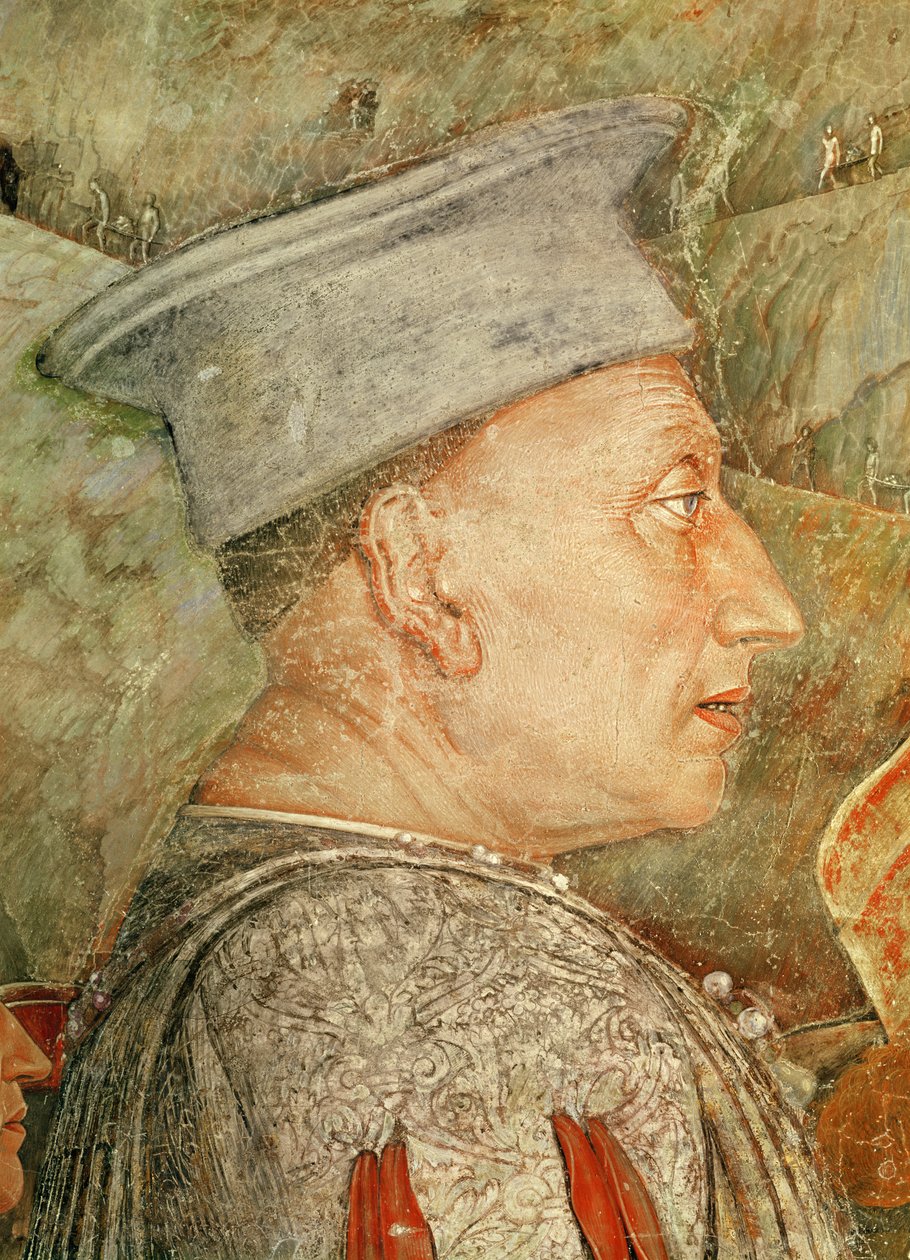 Marchese Ludovico Gonzaga III. Mantuából köszönti fiát, Francesco Gonzaga bíborost, Ludovico Gonzaga részlete, 1465-74 körüli freskórészlet a 78456, 78454 alkotó: Andrea Mantegna