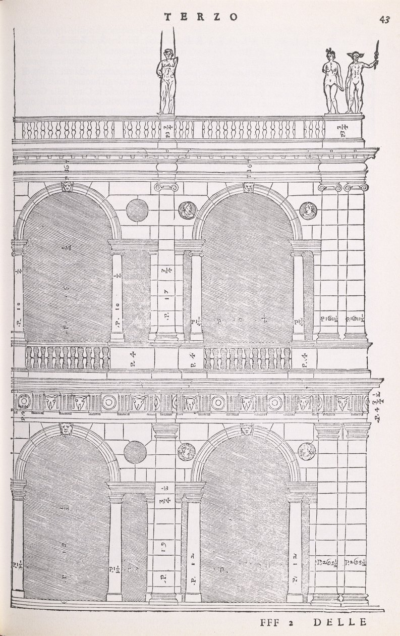 A vicenzai bazilika magaslati részlete, illusztráció a Palladio által írt I Quattro Libri dellArchitettura fakszimile másolatából, eredetileg 1570-ben jelent meg alkotó: Andrea Palladio