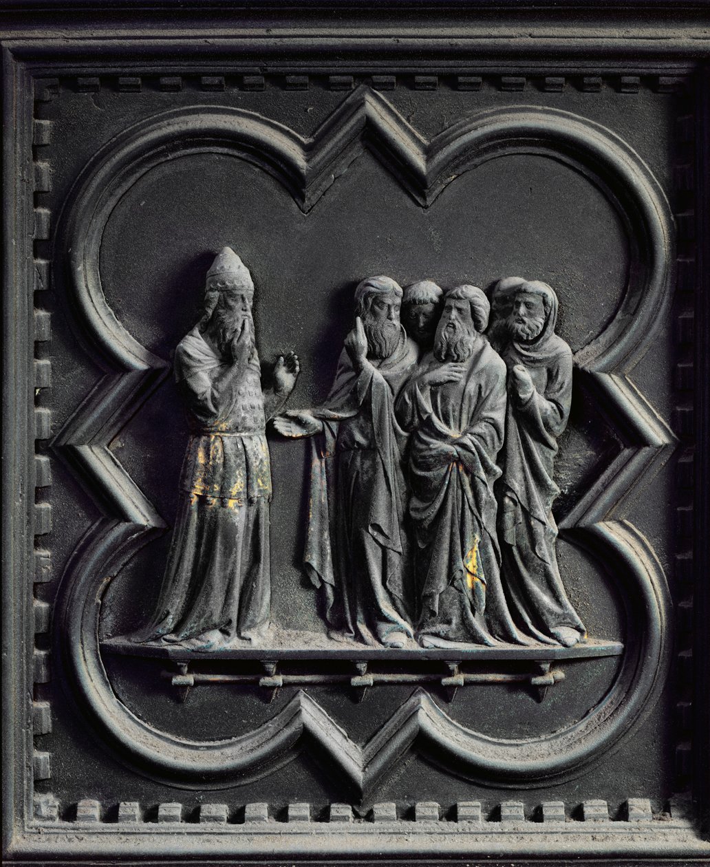 Zakariás megnémul, a San Giovanni Keresztelőkápolna déli ajtajának második táblája, 1336 (bronz) alkotó: Andrea Pisano