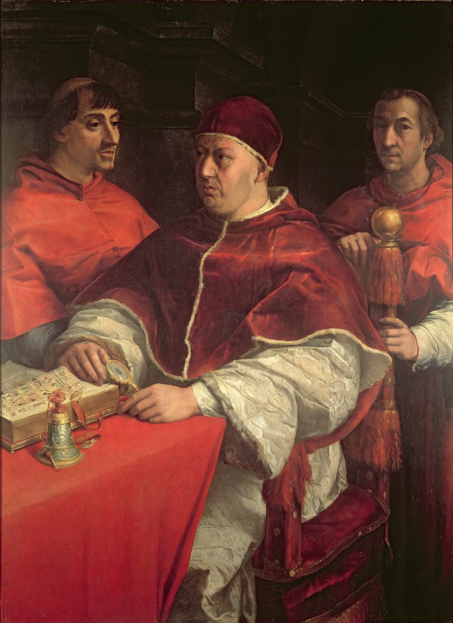X. Leó pápa két bíborossal, Raphael festménye után (tempera a táblán) alkotó: Andrea del Sarto