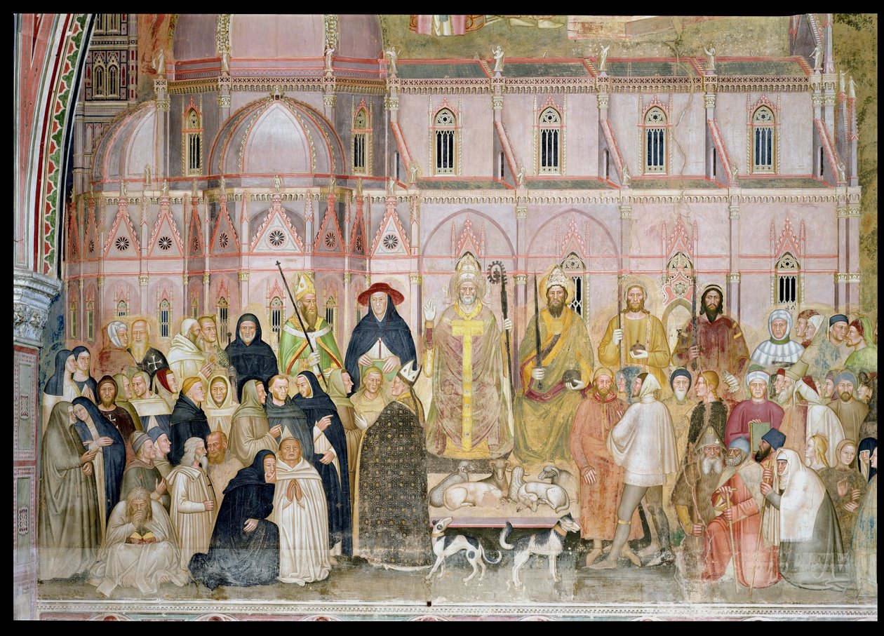 A harcos és diadalmas templom, a világi hatóságok részlete Santa Maria del Fiore-val a háttérben, a Spanyol kápolnából, 1369 körüli freskórészlet 31612-ből alkotó: Andrea di Bonaiuto