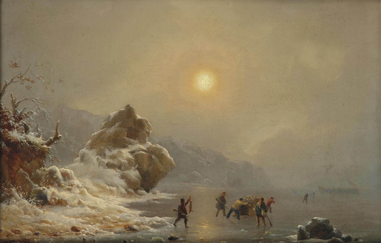 Téli táj vadászokkal a jégen alkotó: Andreas Achenbach