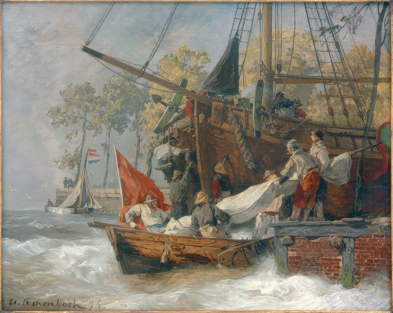 Kikötő bejárata, amikor viharos a tenger alkotó: Andreas Achenbach