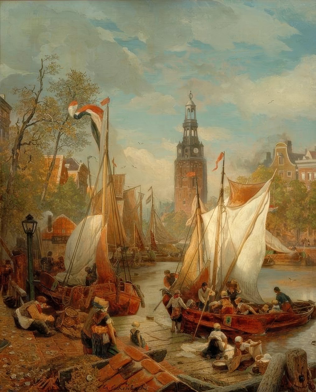 Kikötői jelenet Amszterdamban (holland tengerparti kép) alkotó: Andreas Achenbach