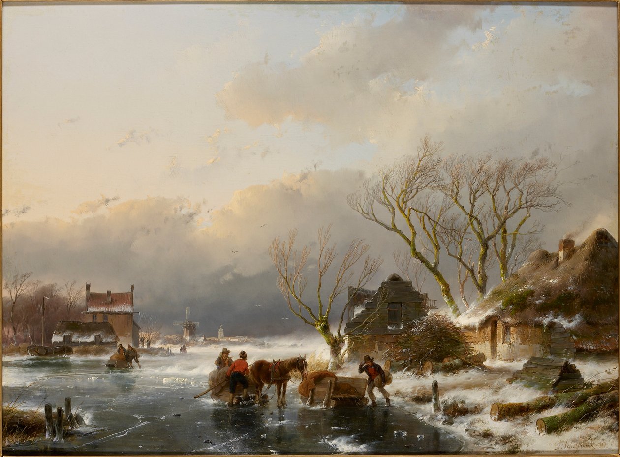 Téli táj befagyott folyóval, 1847. alkotó: Andreas Schelfhout