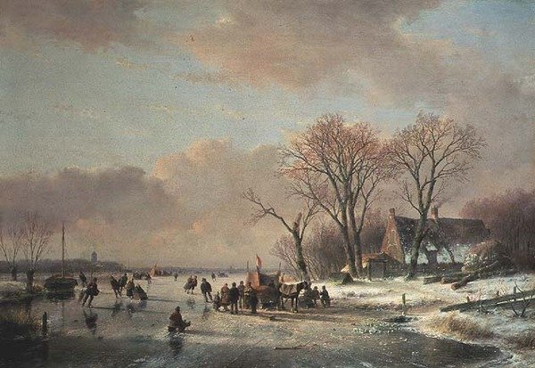 Téli folyó táj számos korcsolyázóval alkotó: Andreas Schelfhout