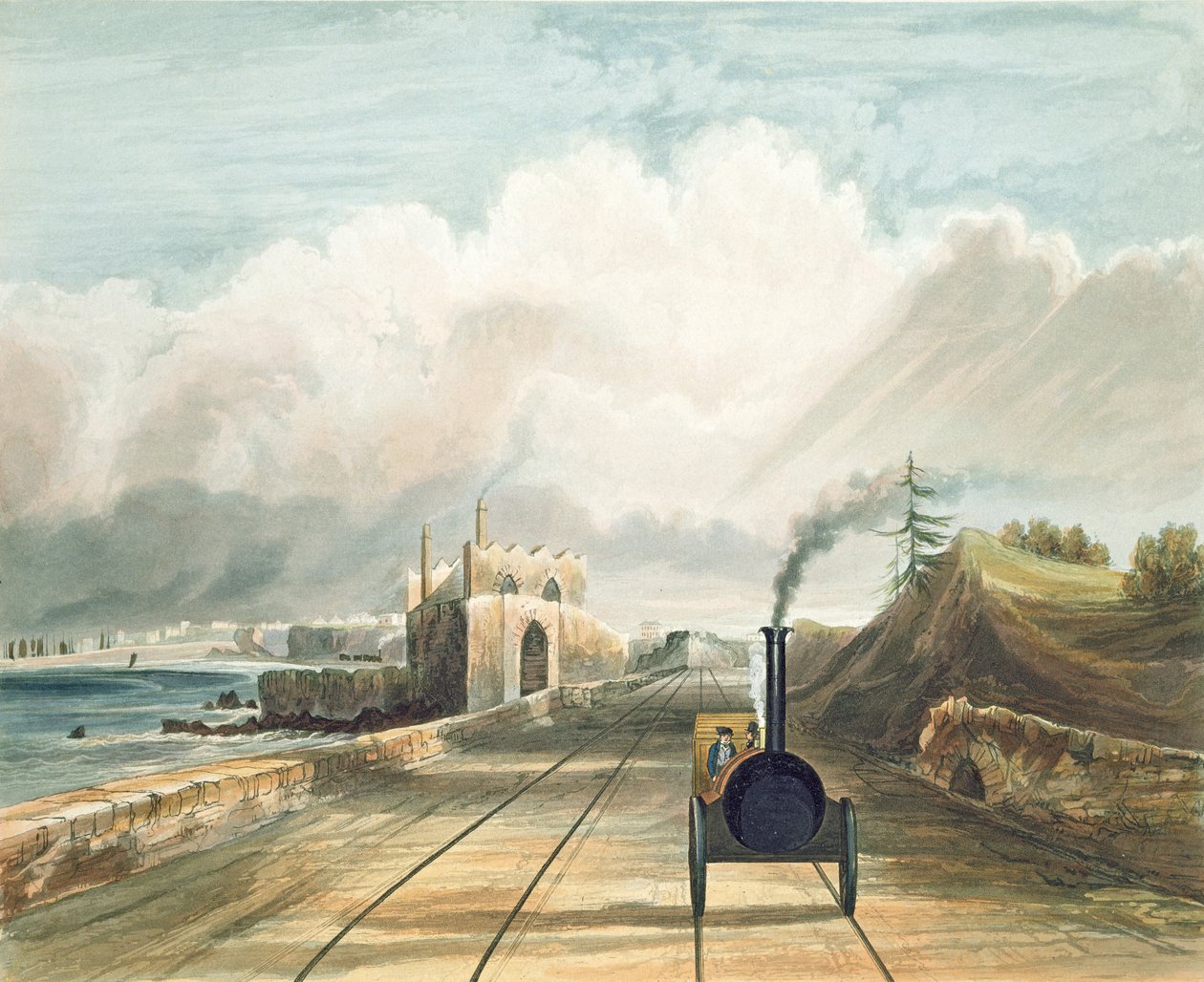 Dublin és Kingstown vasút: A Sea Point Hotel gyaloghídjáról a Salt Hill felé nézve, a távolban Kingstown kikötője, metszet J. Harris, 1834. alkotó: Andrew Nicholl