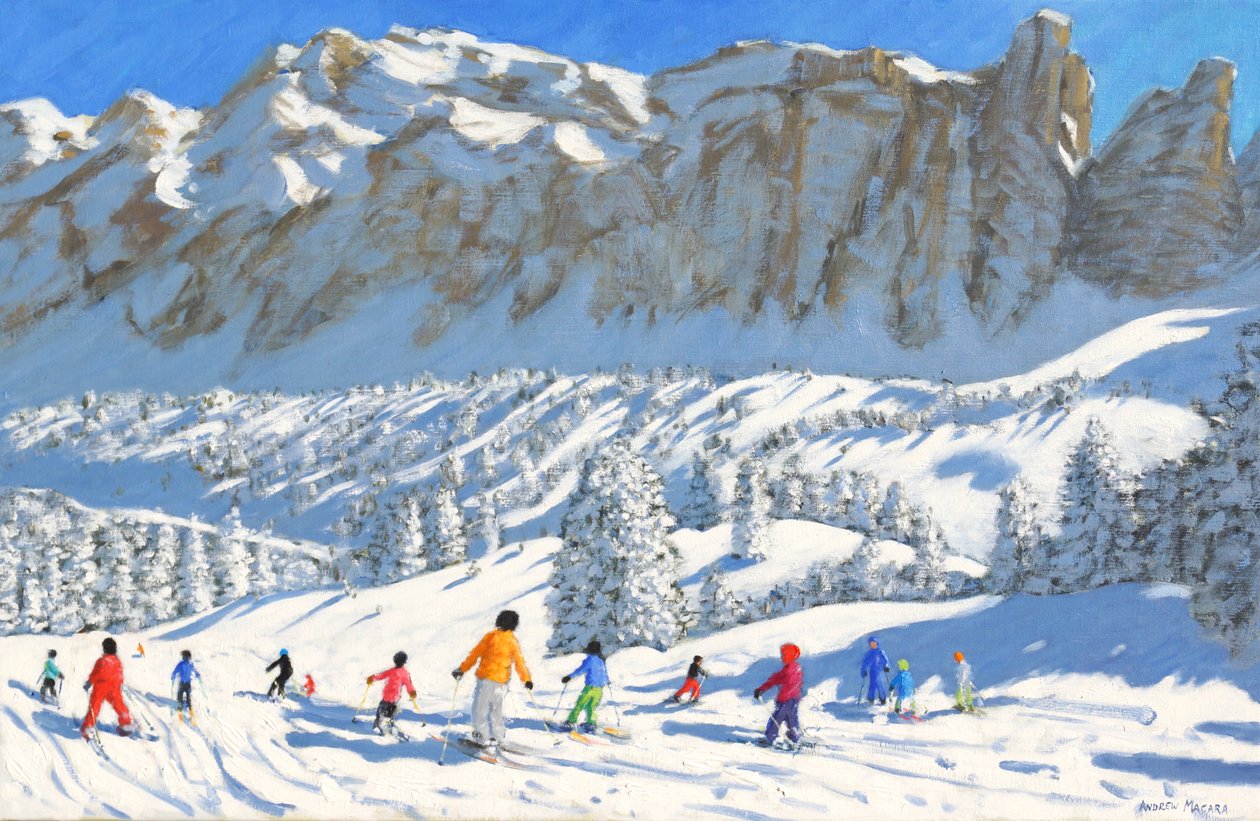 Színes síelők, Val Gardena, Olaszország, 2019, (olaj, vászon) alkotó: Andrew Macara
