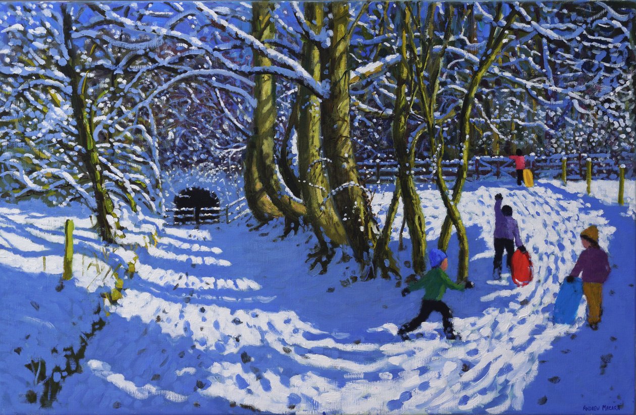 Szánkózás, Calke Abbey, 2021 (olaj, vászon) alkotó: Andrew Macara