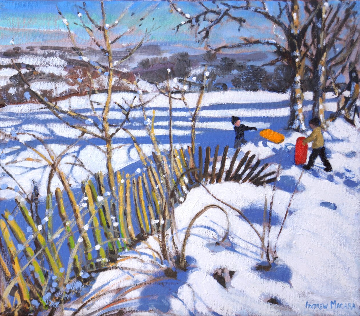 Piros és narancssárga szánkók, Derbyshire, 2017, alkotó: Andrew Macara