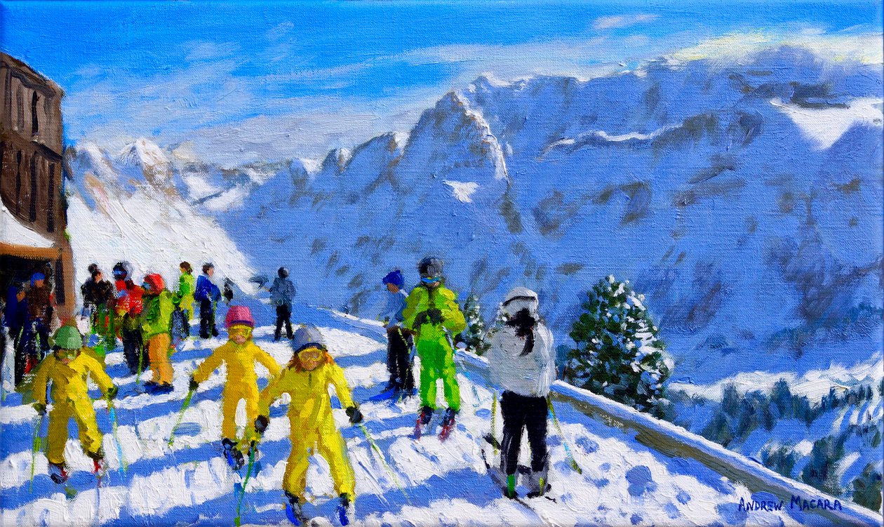 Fiatal síelők sárga színben, Val Gardena Italy.12x20 alkotó: Andrew Macara